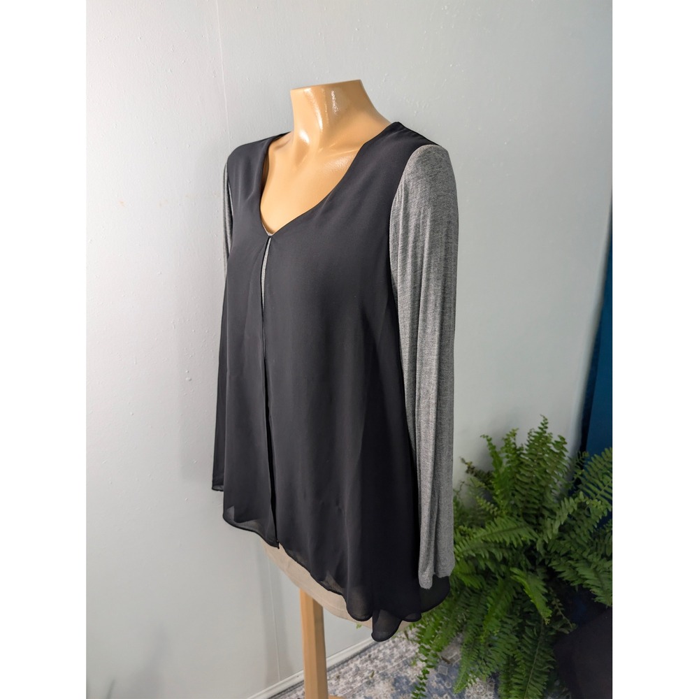 Vecceli Italy Mixed Media Top Women Large Black Gray Chiffon Overlay V-Neck